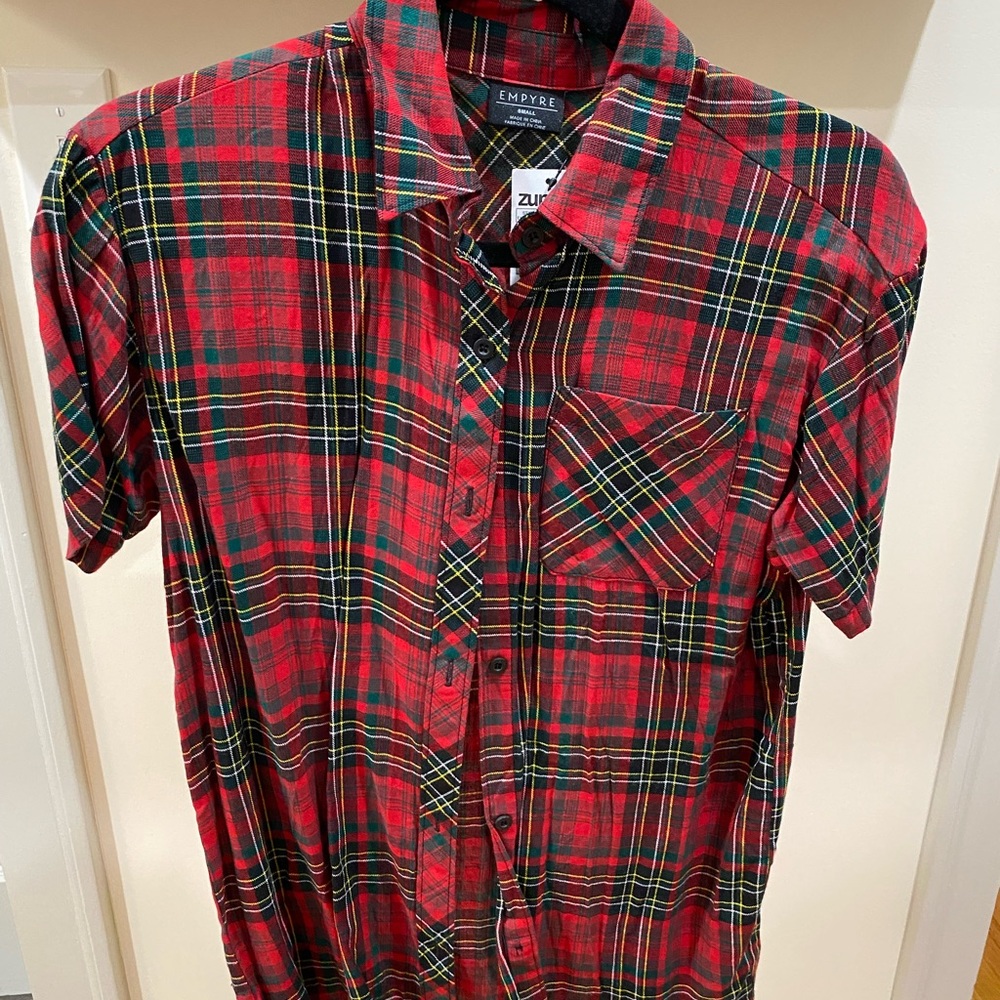 Red plaid button up shirt. Unisex.